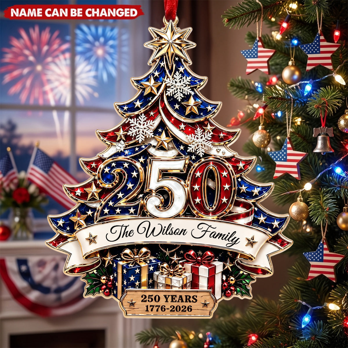 Custom 250th USA Anniversary Acrylic Ornament, Personalized Patriotic Family Christmas Decor 1776-2026