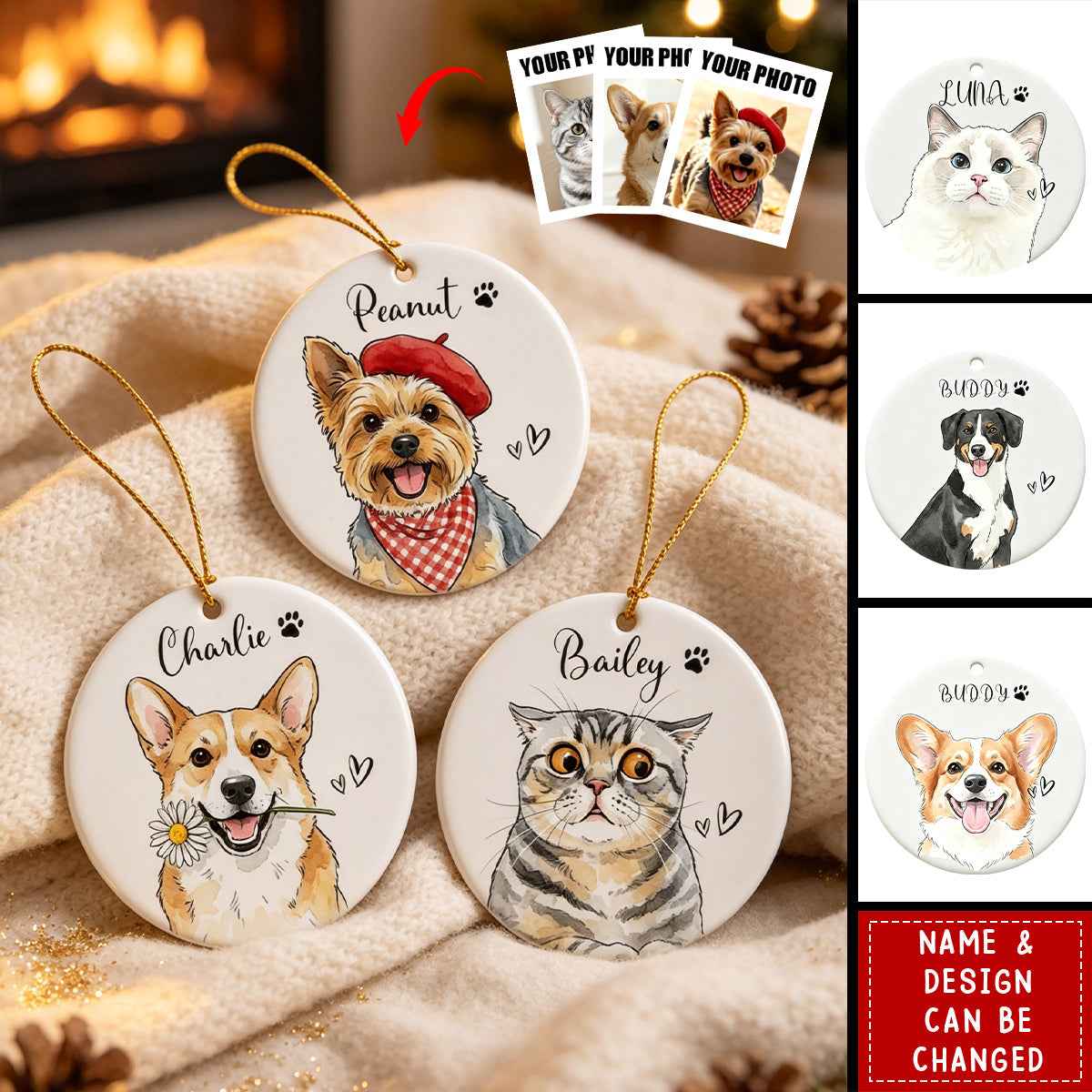 Custom Watercolor Pet Portrait Ornament, Personalized Pet Art Memorial Gift for Pet Lovers, Pet Loss Keepsake