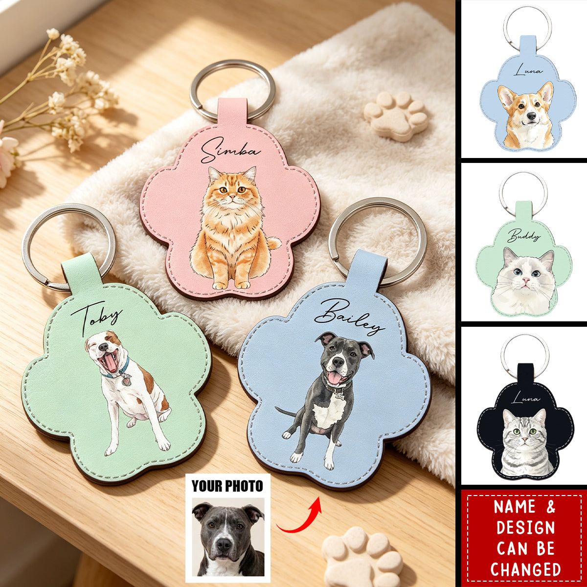 Custom Watercolor Pet Portrait Gift for Dog Mom Cat Dad - Personalized Keychain