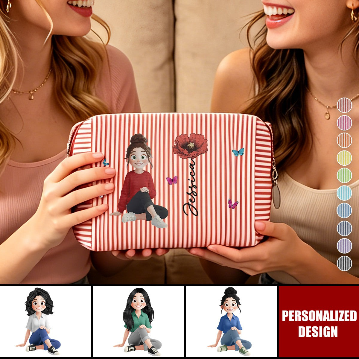 Custom Birth Flower,name and cute cartoon designs for her-personalized makeup bag.