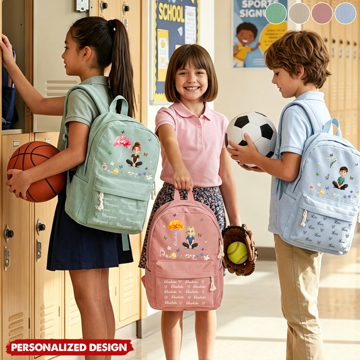 Cartoon Character With Birth Flower - Personalized Backpack