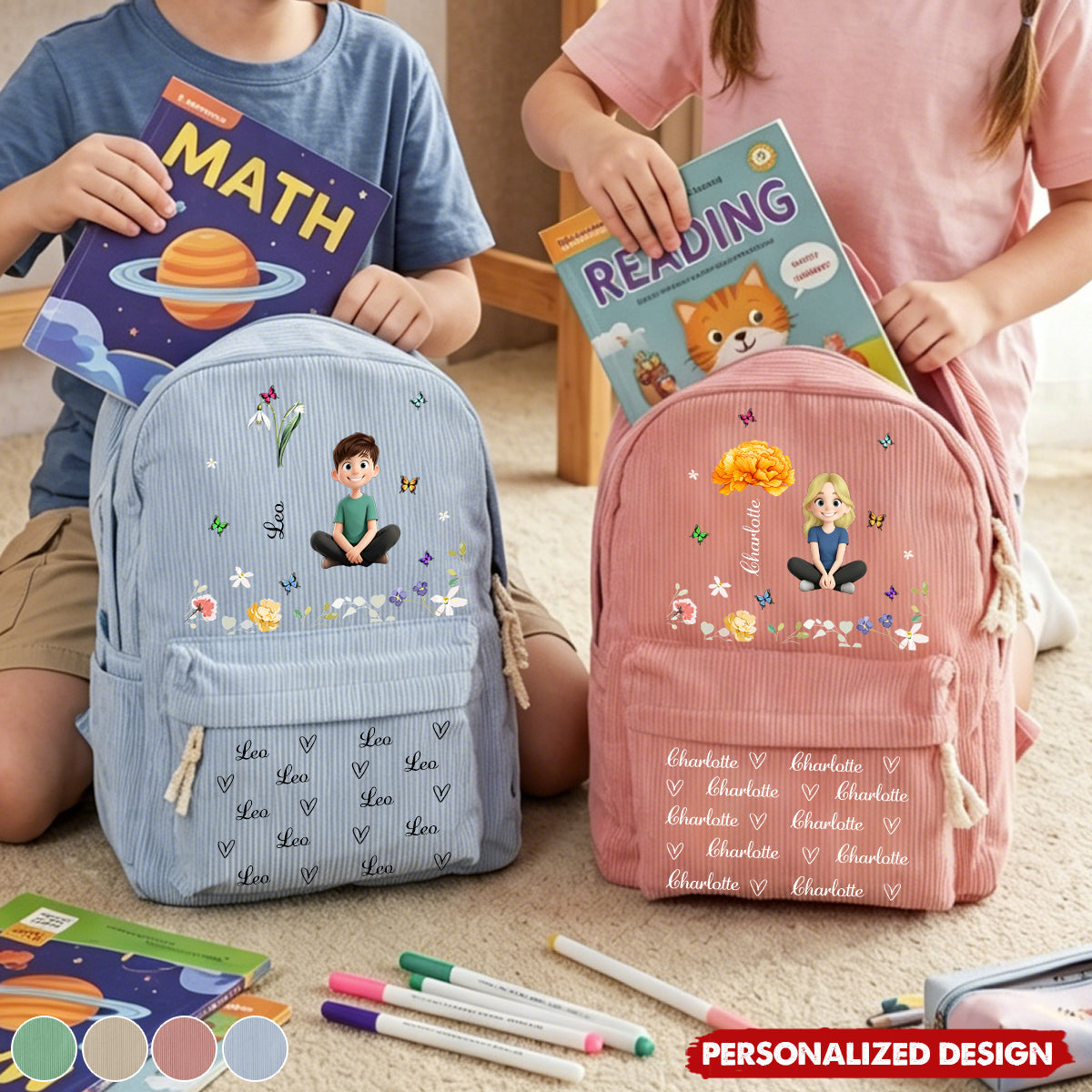 Cartoon Character With Birth Flower - Personalized Backpack