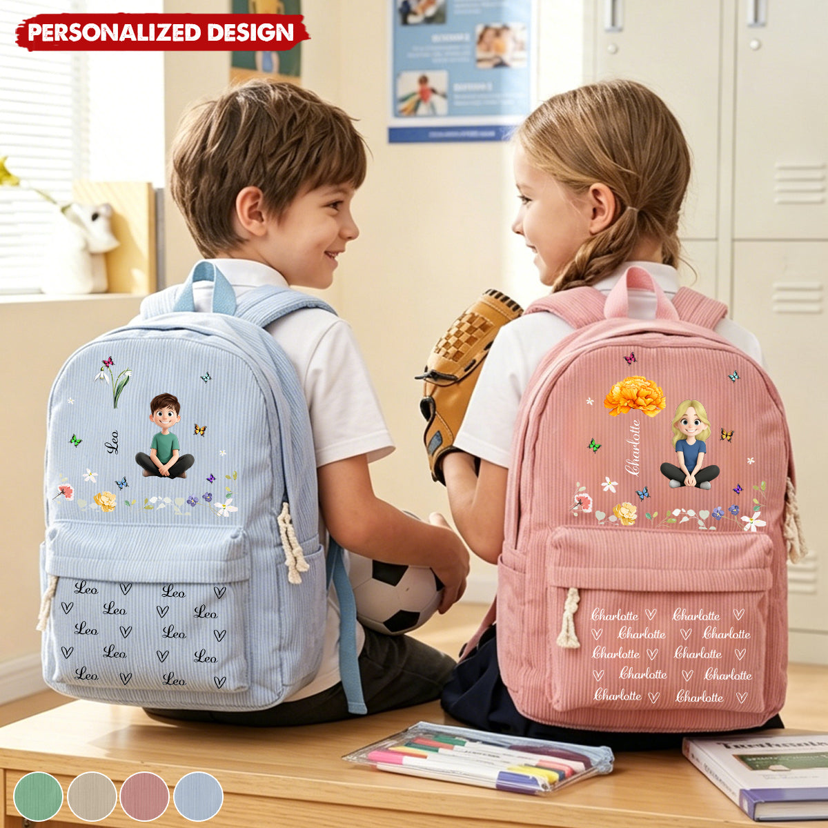 Cartoon Character With Birth Flower - Personalized Backpack