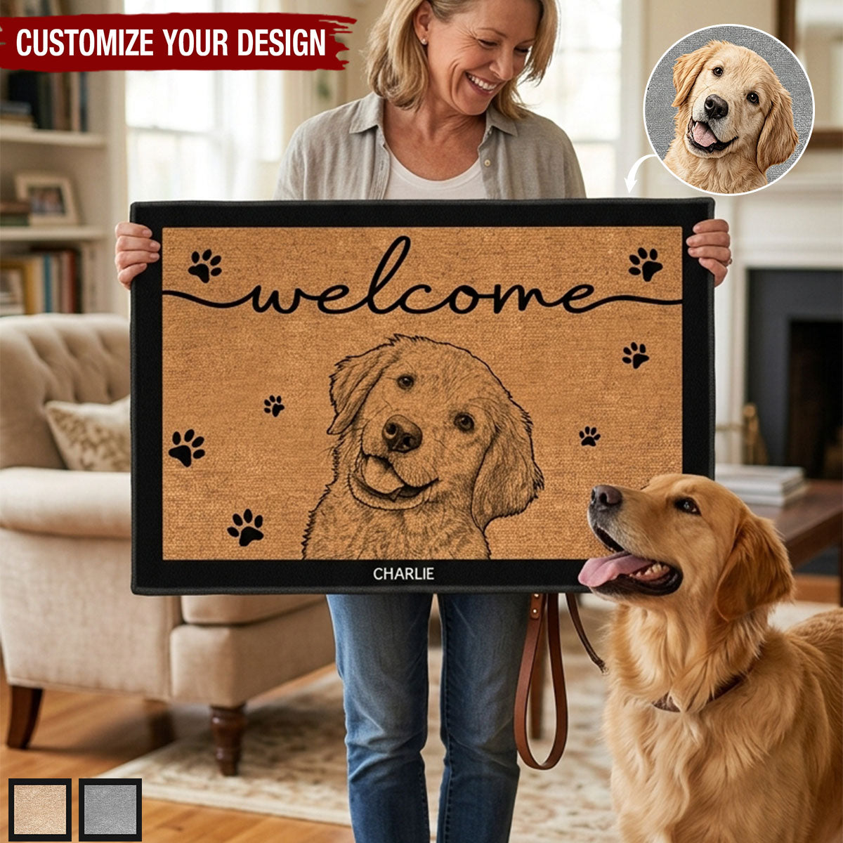 Custom Pet Portrait Sketch Line Art Welcome Home - Personalized Doormat