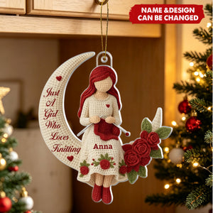 Just A Girl Who Loves Knitting, Girl and Roses, Custom Acrylic Christmas Ornament, Gift for Knitters