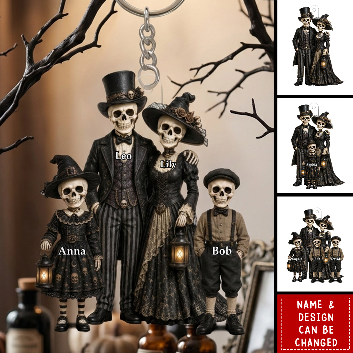 Gothic Skeleton Family - Personalized Acrylic Keychain - Halloween Decoration
