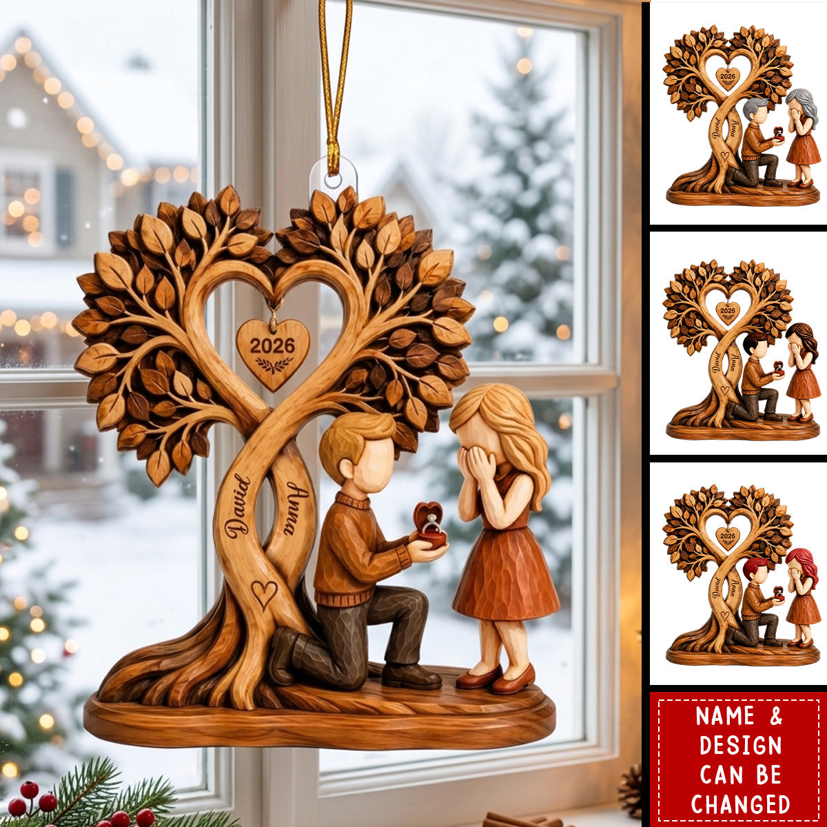 Couple Kissing Under Heart Tree - Personalized Acrylic Ornament - Heartfelt Anniversary Gift for Him, for Her