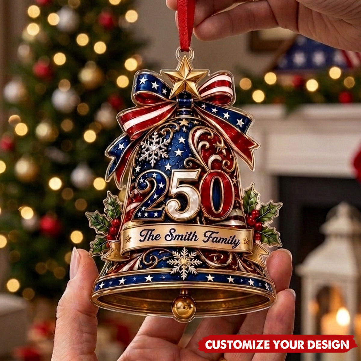Personalized 250th America Christmas Ornament, Custom Family Name Patriotic Bell Ornament, USA 250 Anniversary Acrylic Christmas Tree Decor