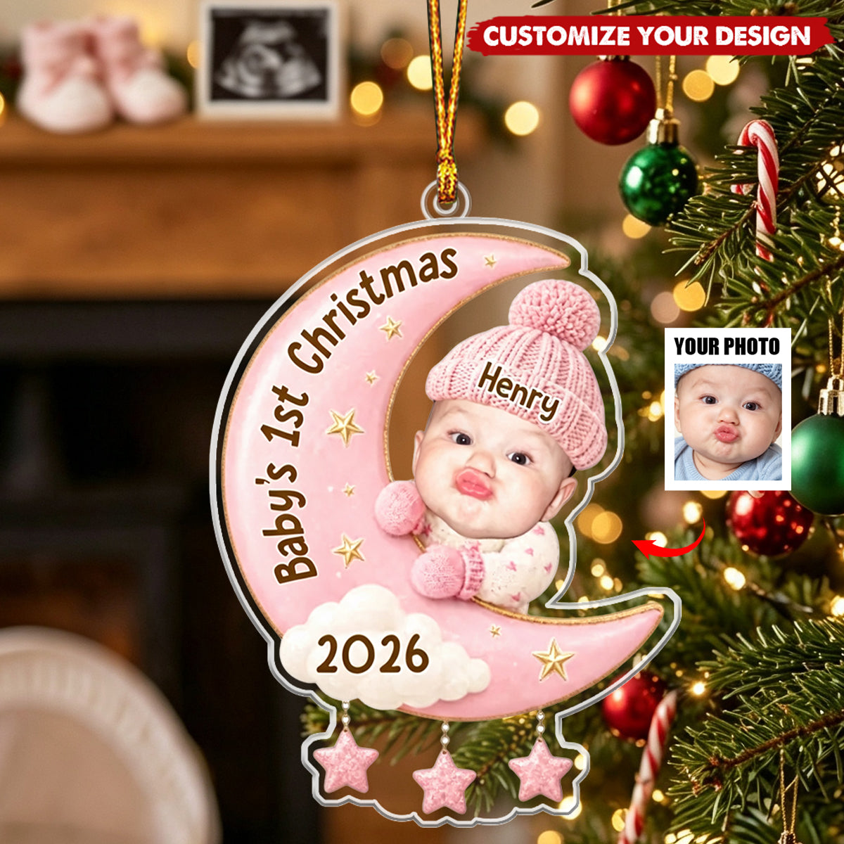 Custom Photo First Christmas Acrylic Ornament - Personalized Christmas Baby Shower, Gender Reveal Gifts For New Moms, New Dads, New Parents - Our Sweetest Dream Come True