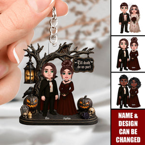 Couple Standing Under Spooky Halloween Tree - Personalized Couple Acrylic Keychain
