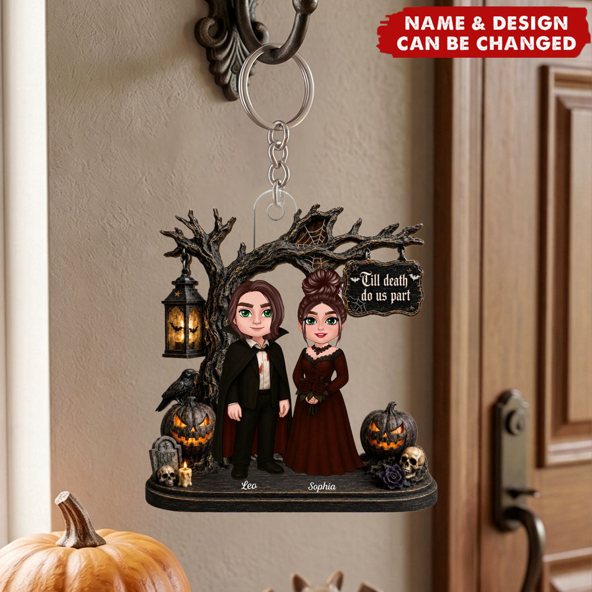 Couple Standing Under Spooky Halloween Tree - Personalized Couple Acrylic Keychain