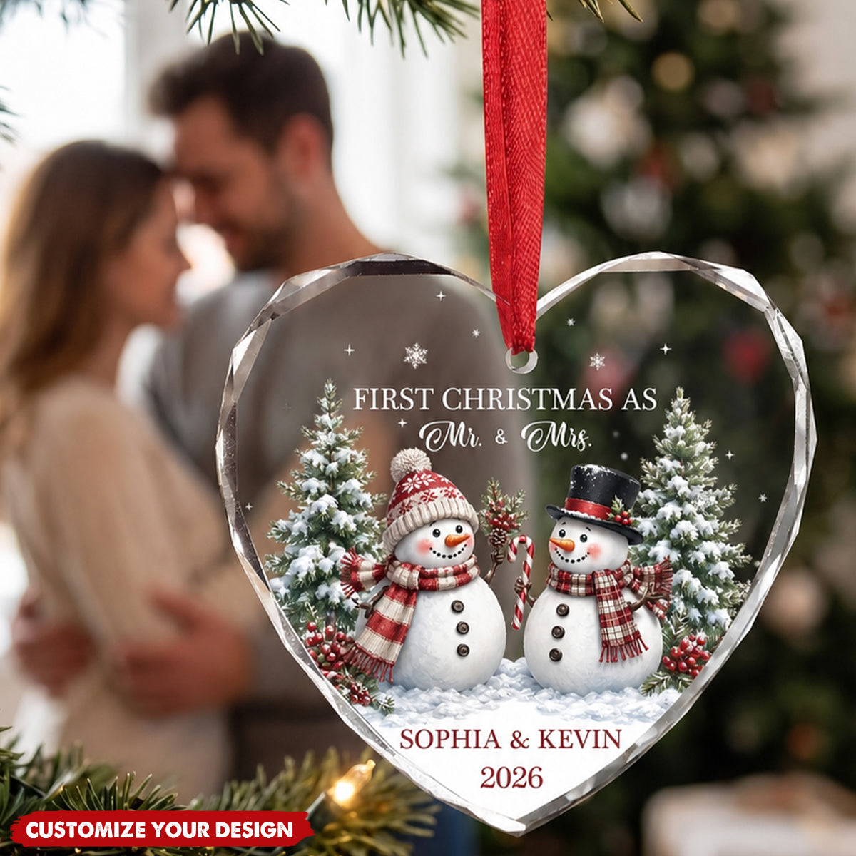 Personalized Heart Shaped Glass Ornament - First Christmas As Mr & Mrs Snowman