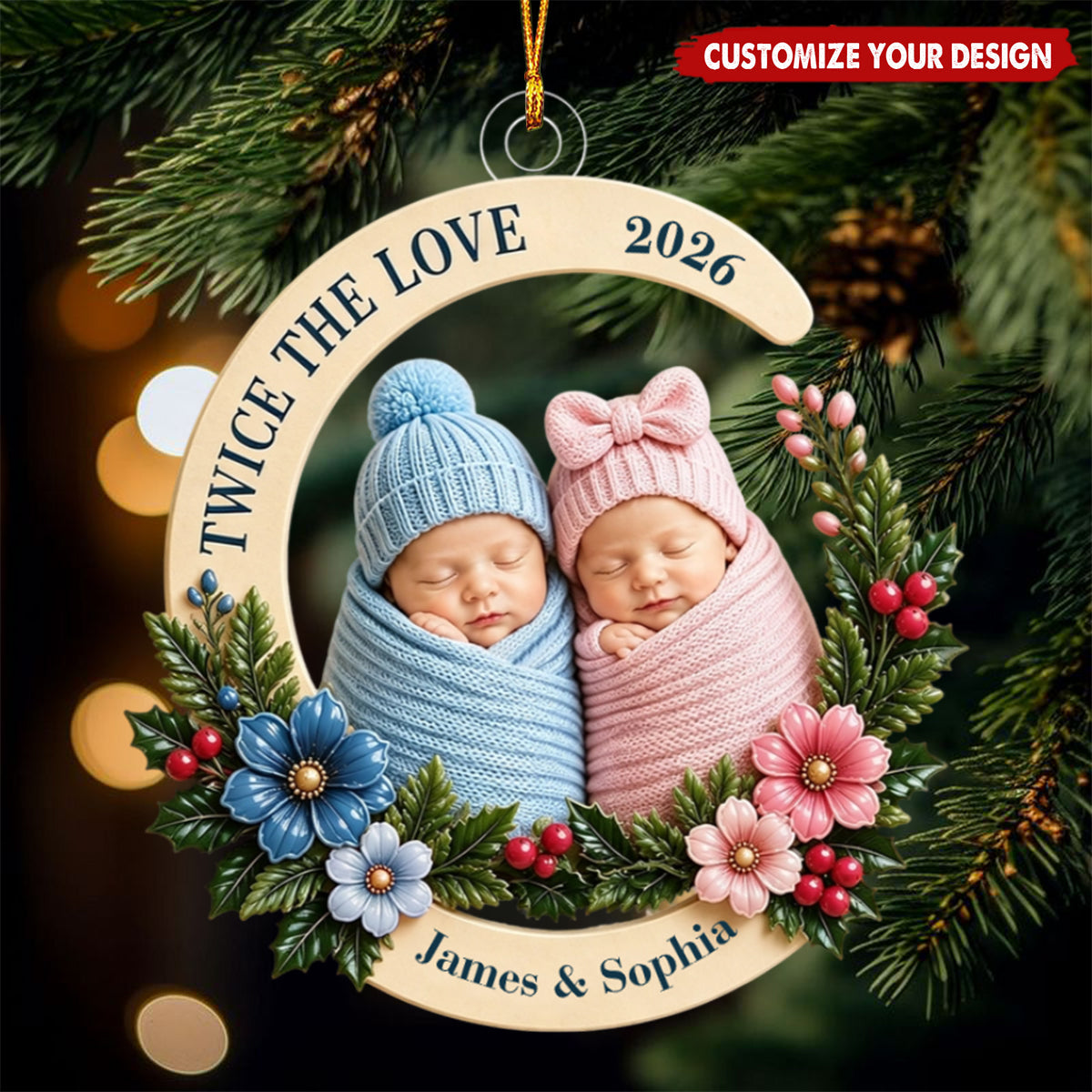 Personalized Twin Baby Acrylic Ornament - Custom Newborn Christmas Decoration