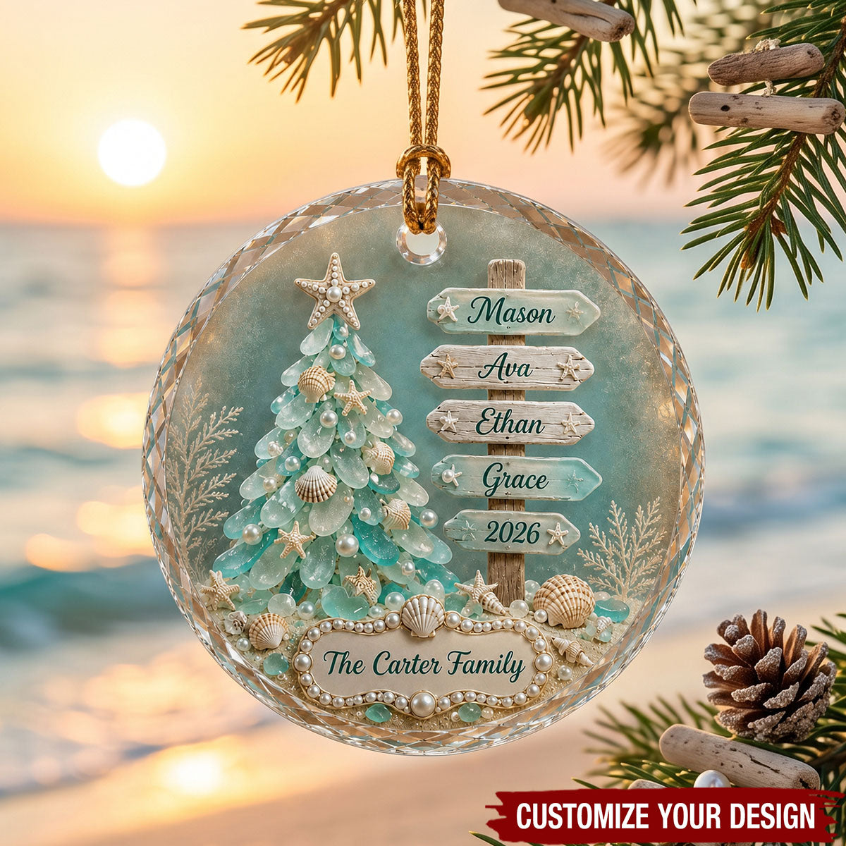 Sea Glass Christmas Tree Ornament - Personalized Name Signpost Bauble
