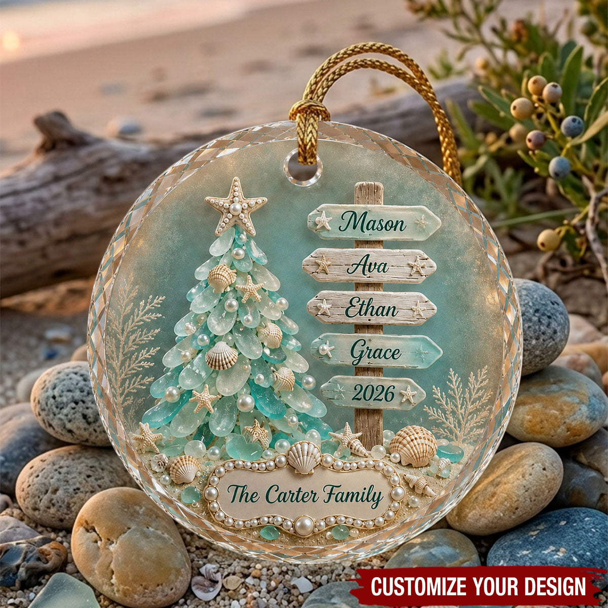 Sea Glass Christmas Tree Ornament - Personalized Name Signpost Bauble
