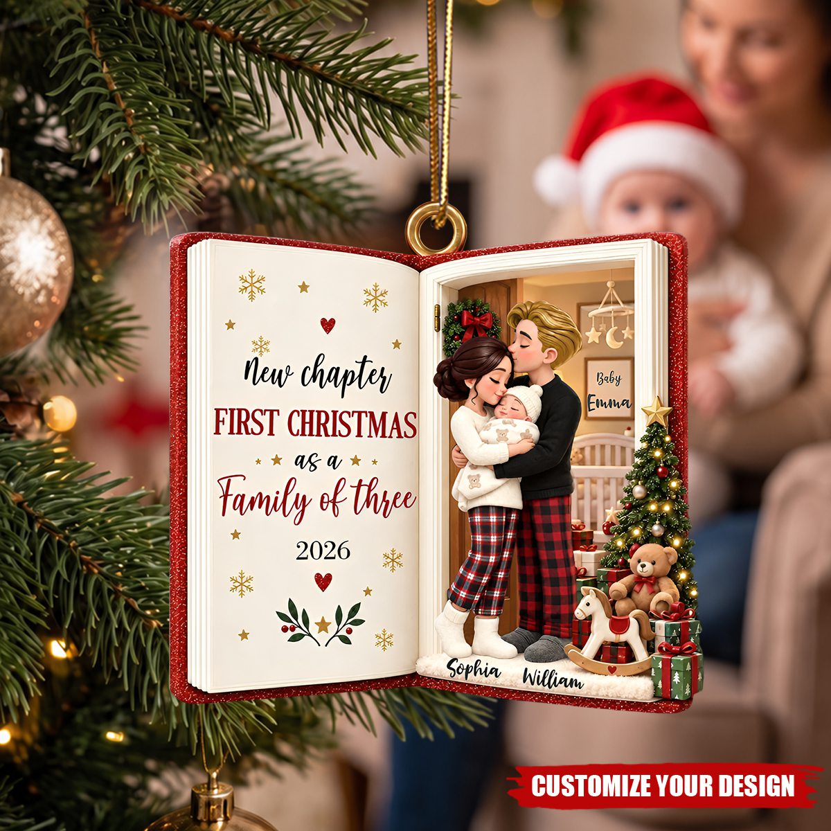 New Chapter First Christmas As Family Of Three - Personalized Acrylic Ornament