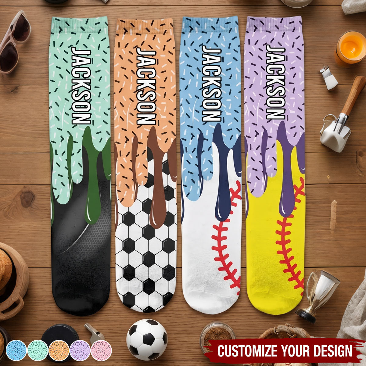 Icecream Drip Design For Baseball, Softball, Soccer, Football, Basketball, Hockey Lover - Personalized Socks