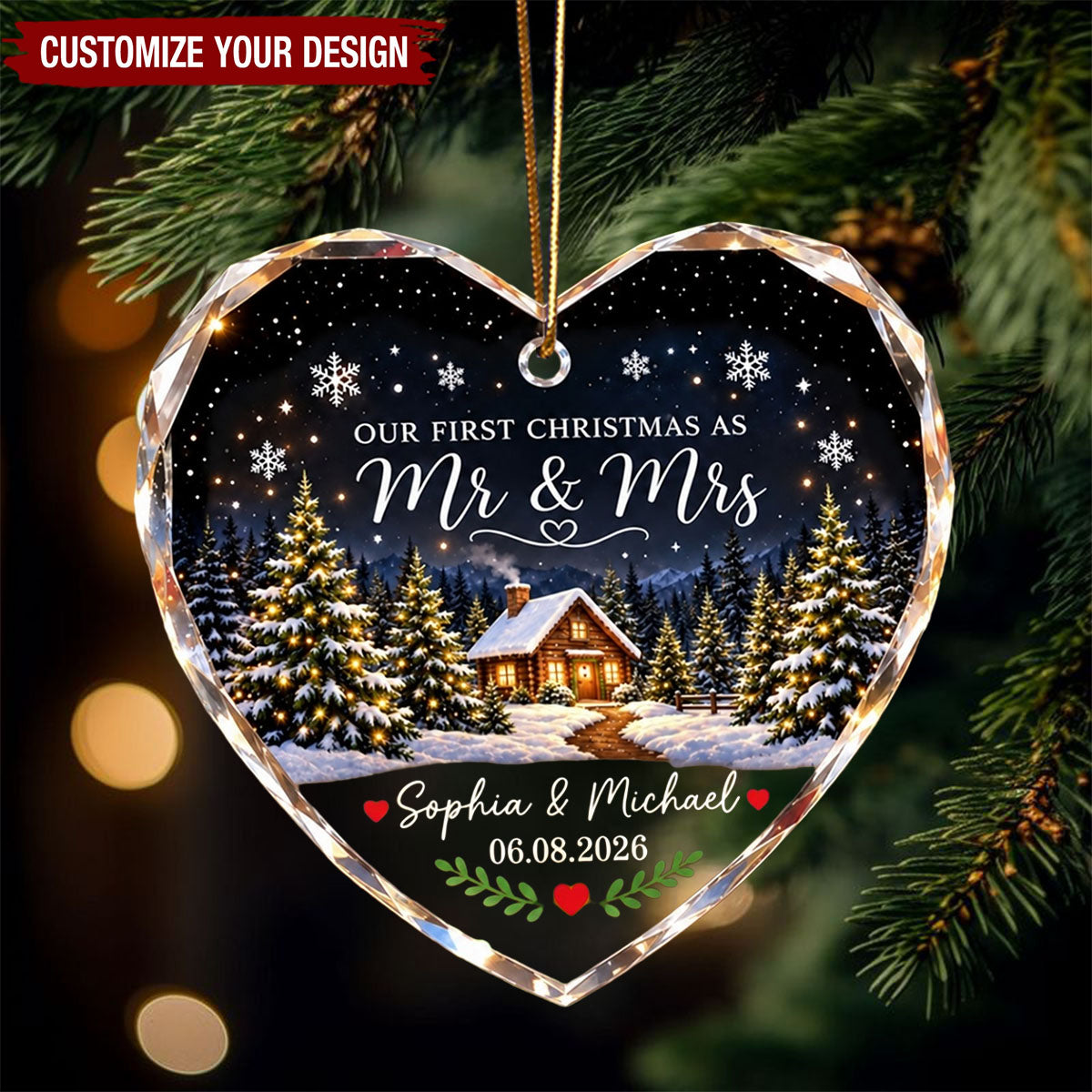 Our First Christmas As Mr Mrs Winter Cabin House - Personalized Glass Ornament