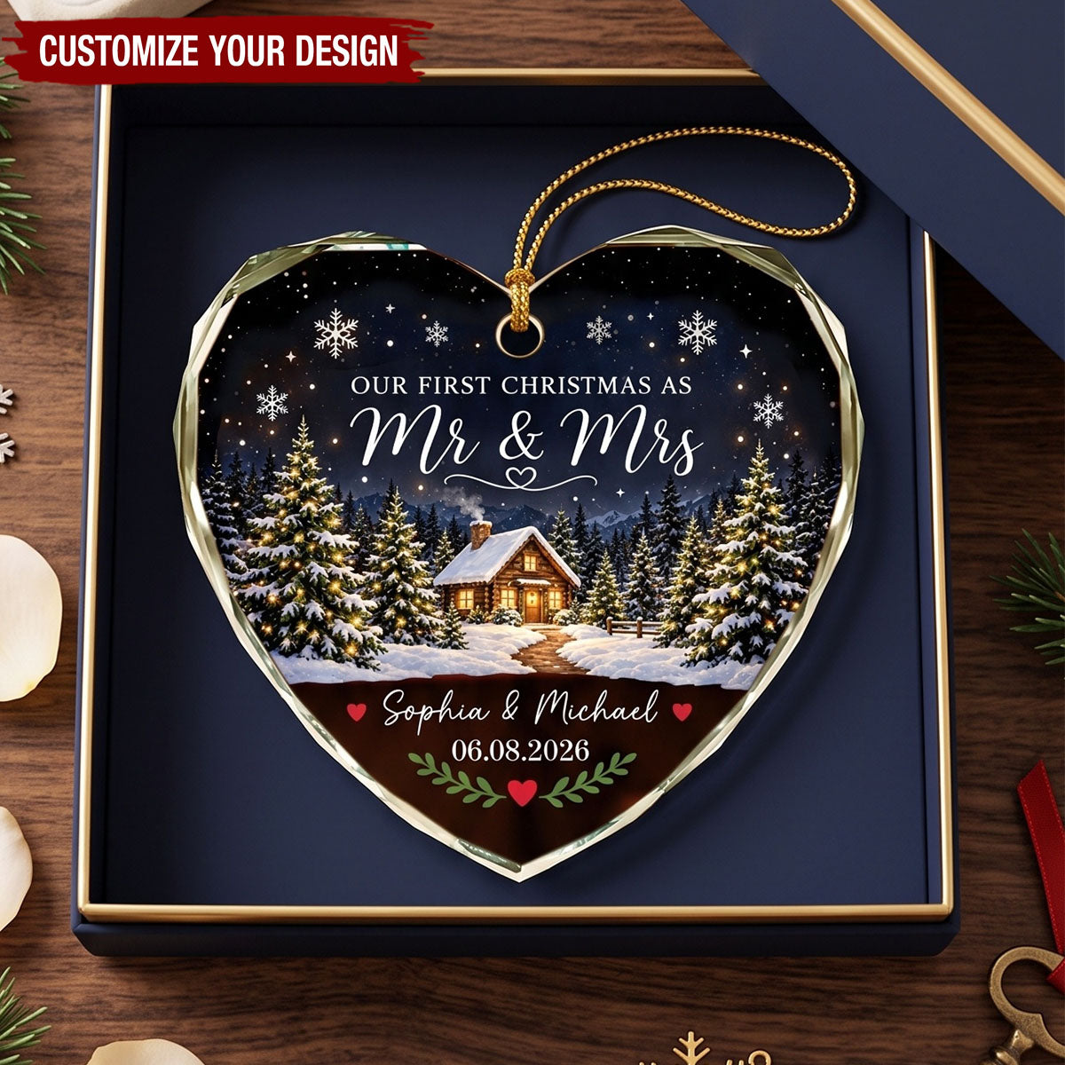 Our First Christmas As Mr Mrs Winter Cabin House - Personalized Glass Ornament