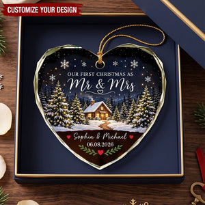 Our First Christmas As Mr Mrs Winter Cabin House - Personalized Glass Ornament