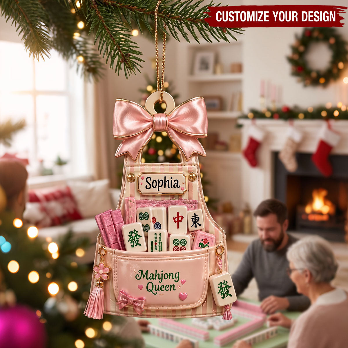 Personalized Mahjong Queen Christmas Ornament - Pink Mahjong Christmas Gift