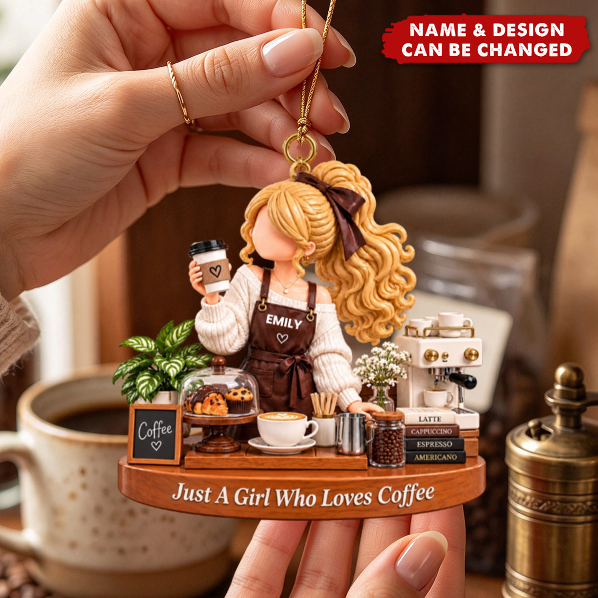 Personalized Girl With Coffee Ornament - Coffee Lover Christmas Ornament