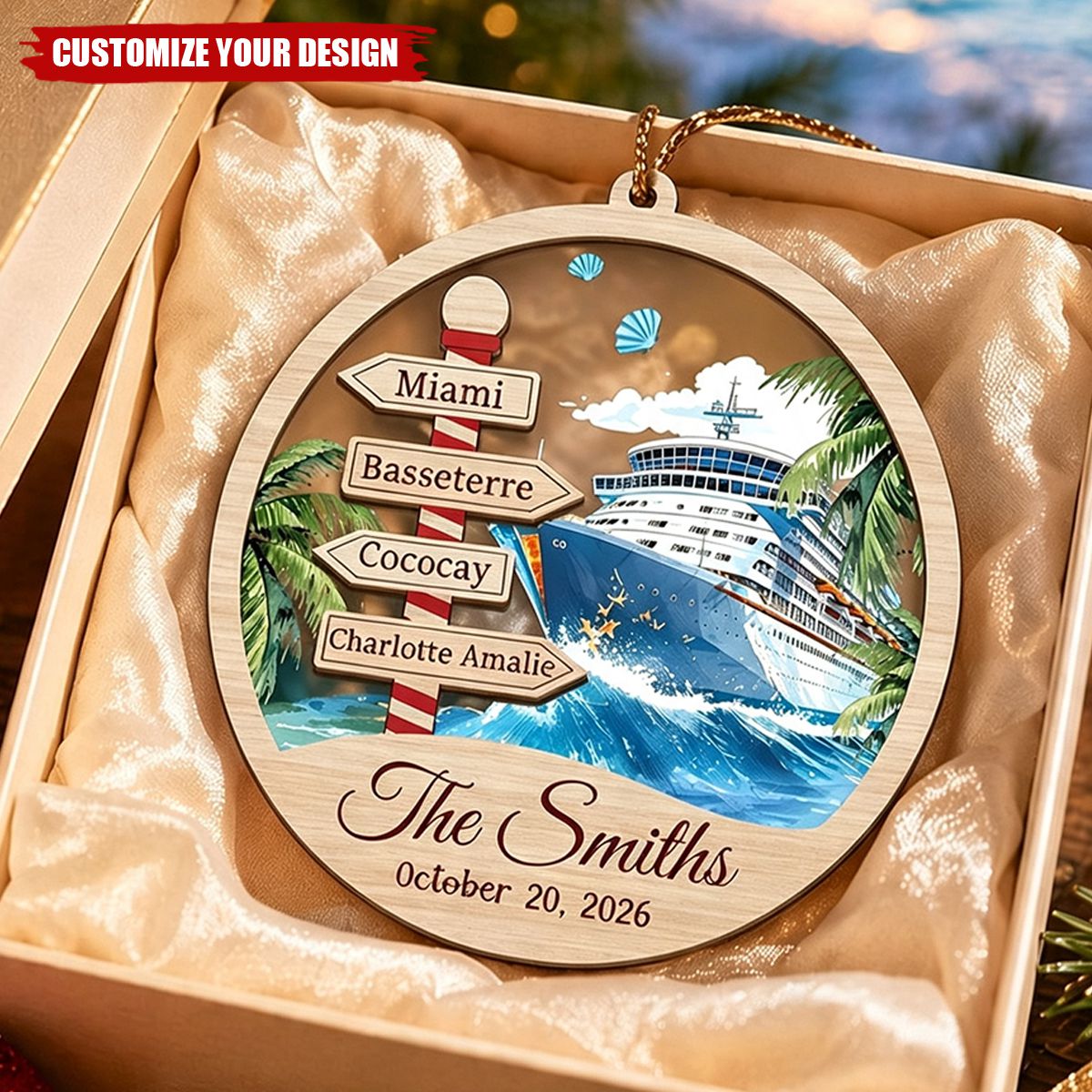 Personalized Cruise Ornament , Custom Location Cruise Ship Gift, Family Christmas Ornament