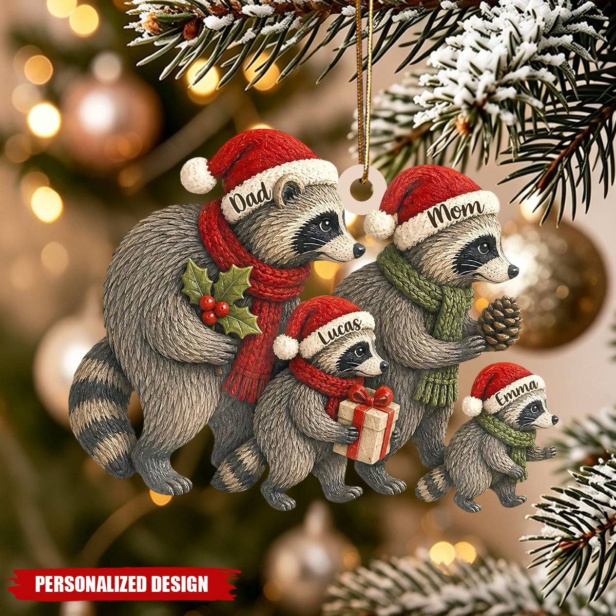 Personalized Raccoon Family Ornament, Custom Names Christmas Tree Decor