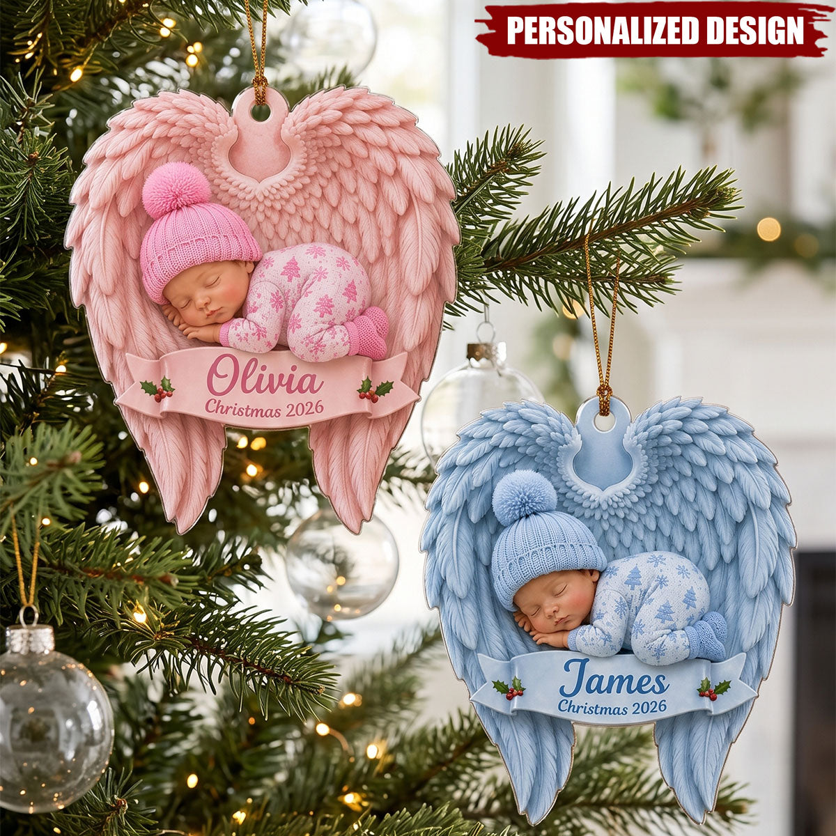 Personalized Baby First Christmas Ornament 2026, Acrylic Angel Wing Souvenir