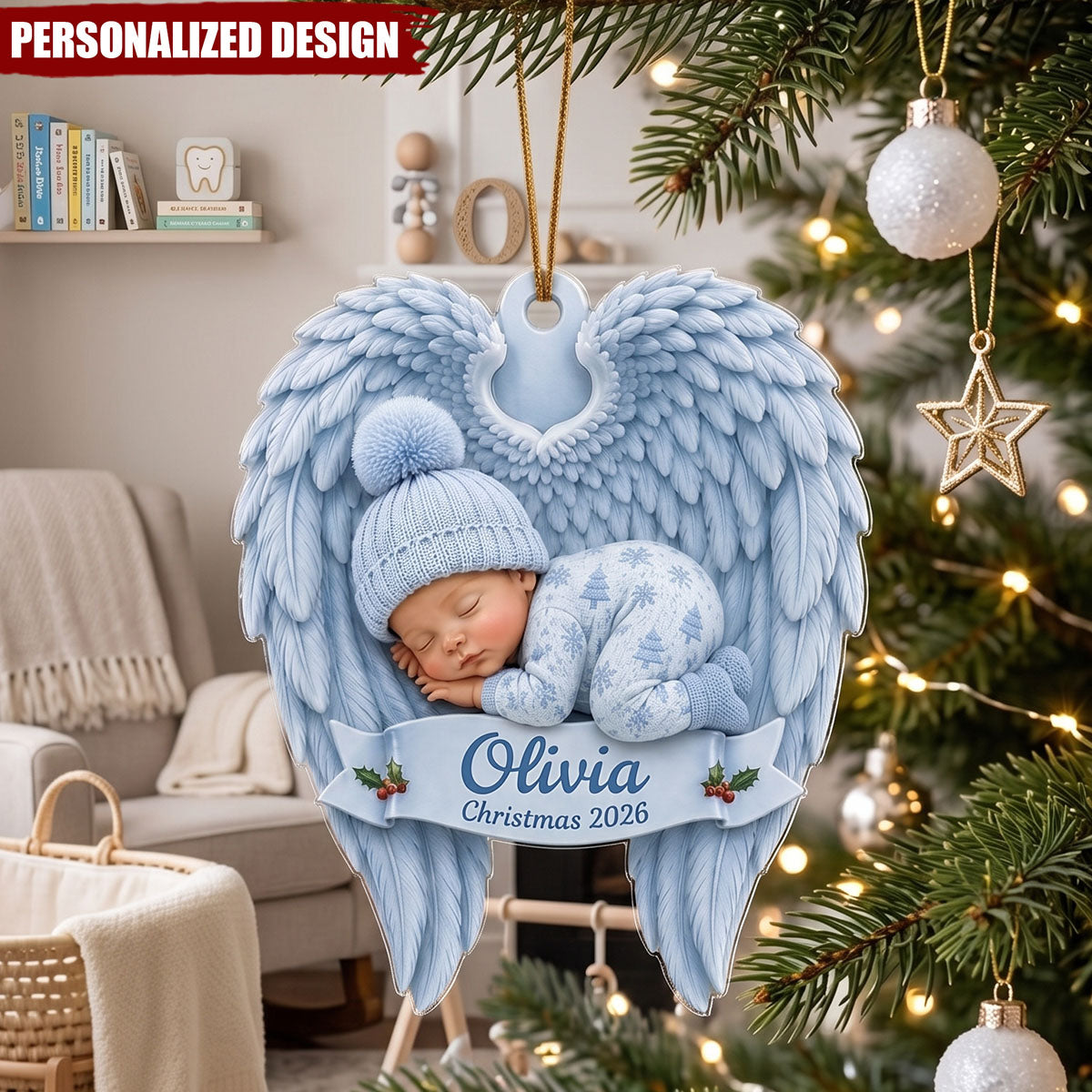 Personalized Baby First Christmas Ornament 2026, Acrylic Angel Wing Souvenir