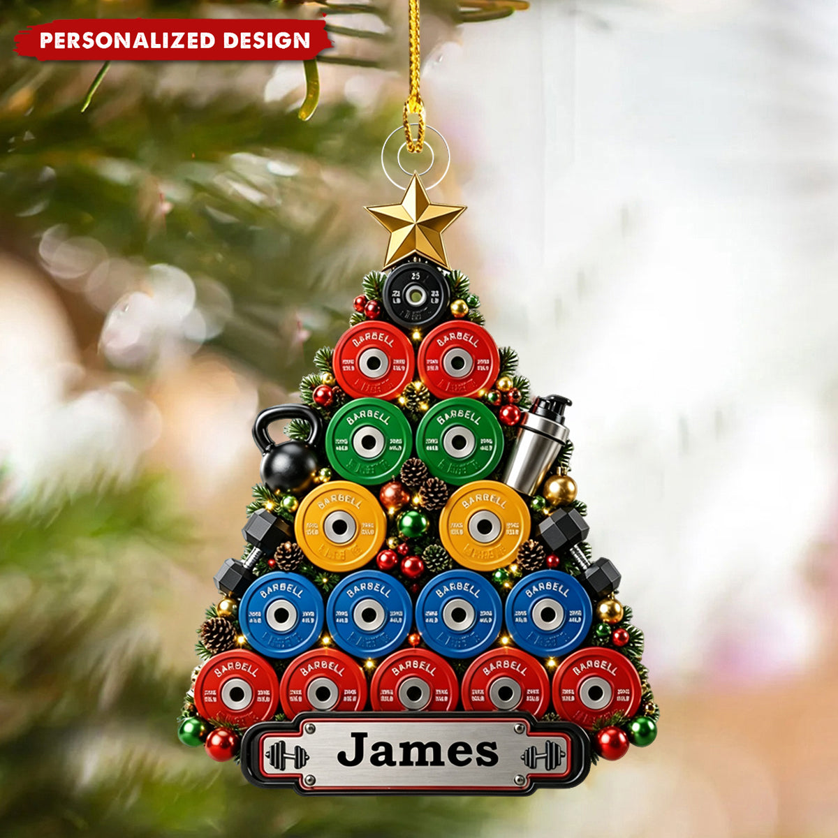 Personalized Weightlifting Christmas Ornaments, Custom Name-Printed Gym Ornaments