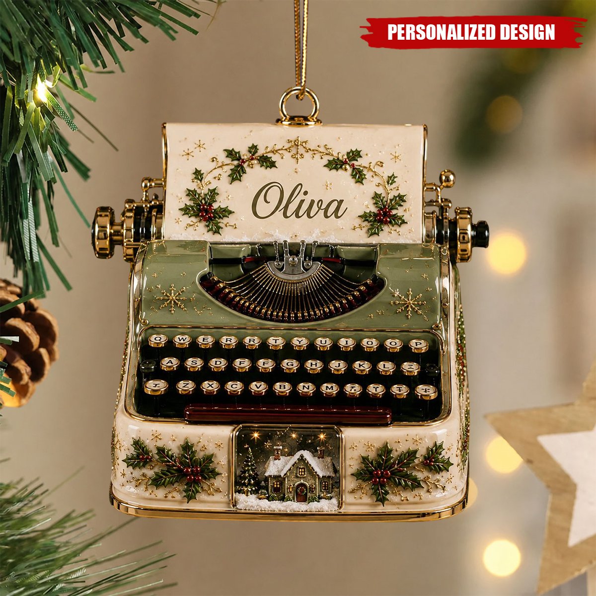 Typewriter Christmas Ornament, Custom Name Vintage Typewriter Ornament