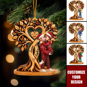 Custom Christmas Couple Kissing Couple Under Heart Tree - Personalized Wooden Ornament