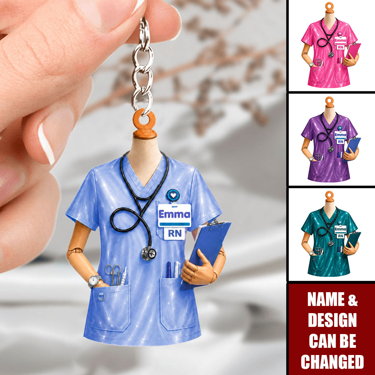 Personalized V-Neck Nurse Shirt Keychain, Custom Name Nurse Uniform Acrylic Keychain