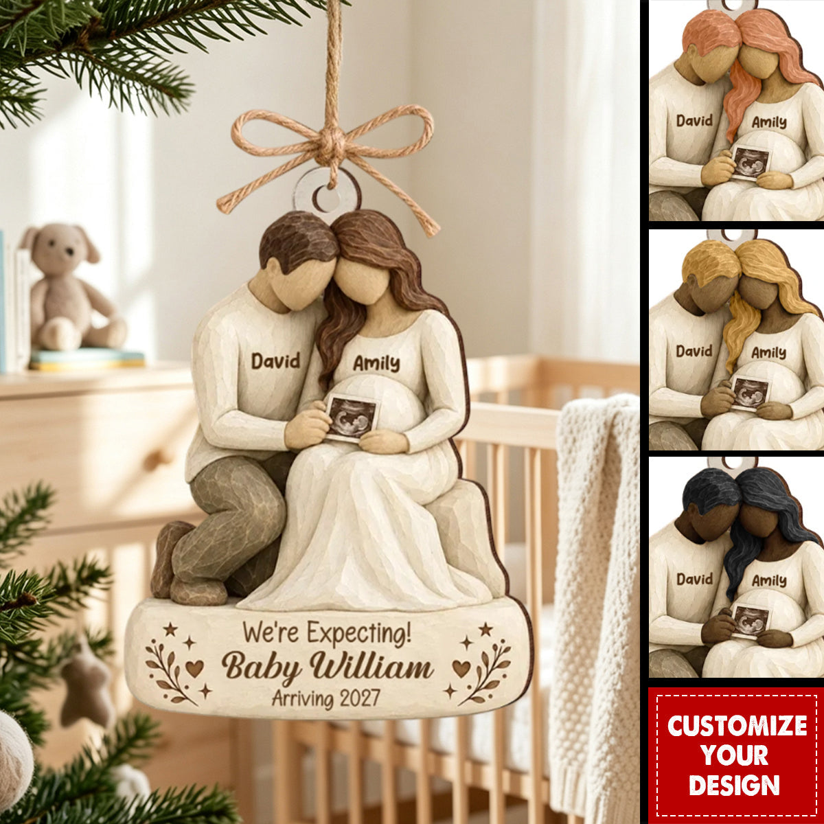 We're Expecting Baby Arriving - Personalized Wooden Ornament