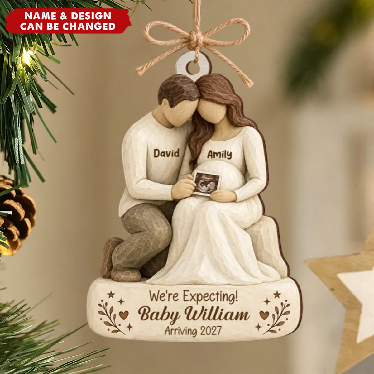 We're Expecting Baby Arriving - Personalized Wooden Ornament
