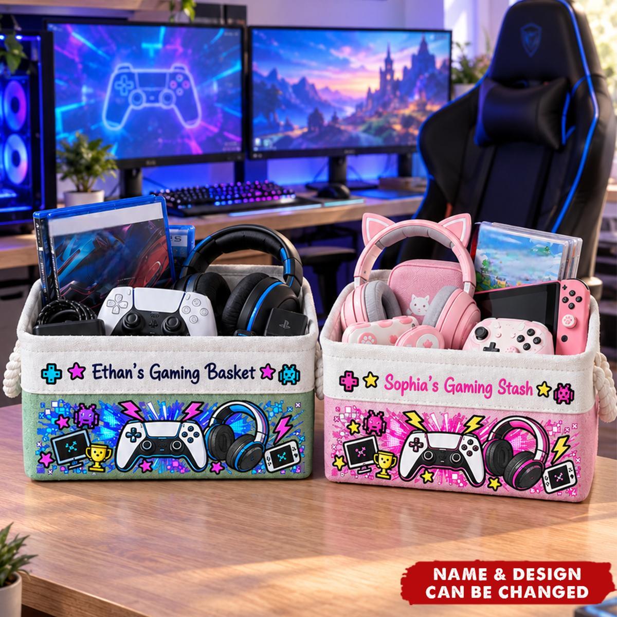 Gaming Basket For Son, Daughter Custom With Name - Personalized Storage Basket
