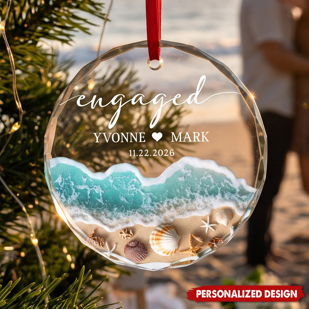 Personalized Beach Engaged Ornament , Engagement Gift, First Christmas Engaged Gift