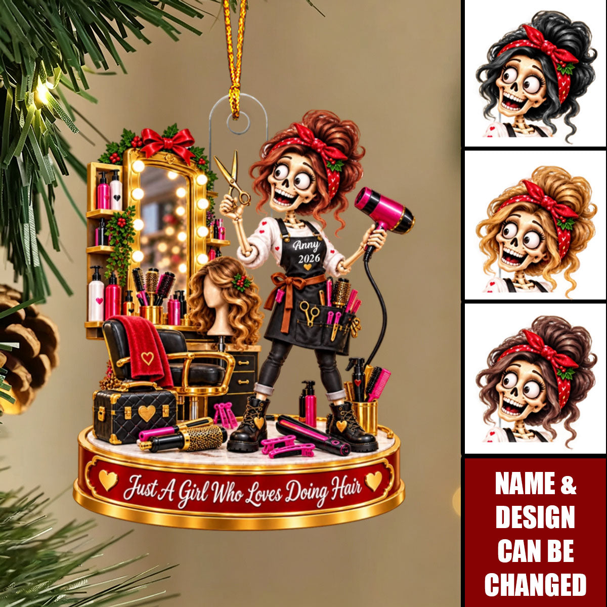 Personalized Skeleton Hairstylist Ornament: Custom Hairdresser Apron