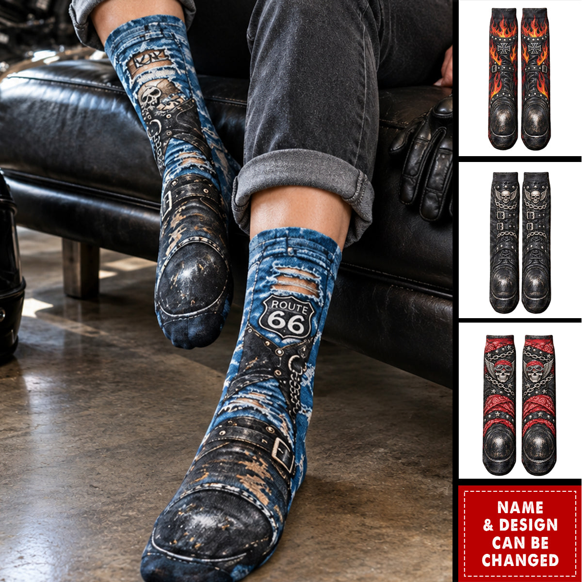 Funny Biker Motorcycle Boot Print Skull Novelty Gag Gifts For Bikers - Personalized Socks