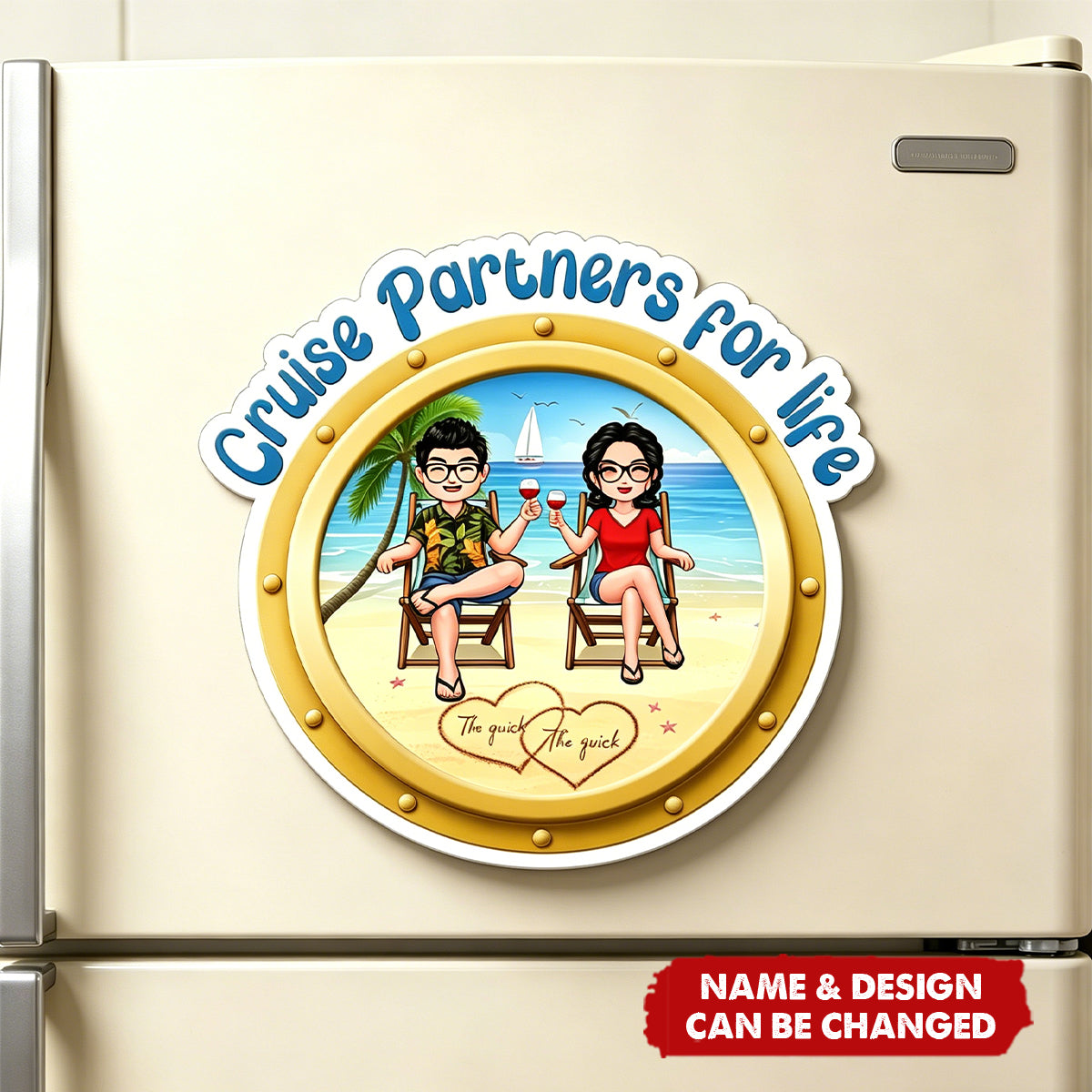 Cruise Partners For Life Porthole Doll Couple Sitting On The Beach - Personalized Cruise Ship Door Magnet