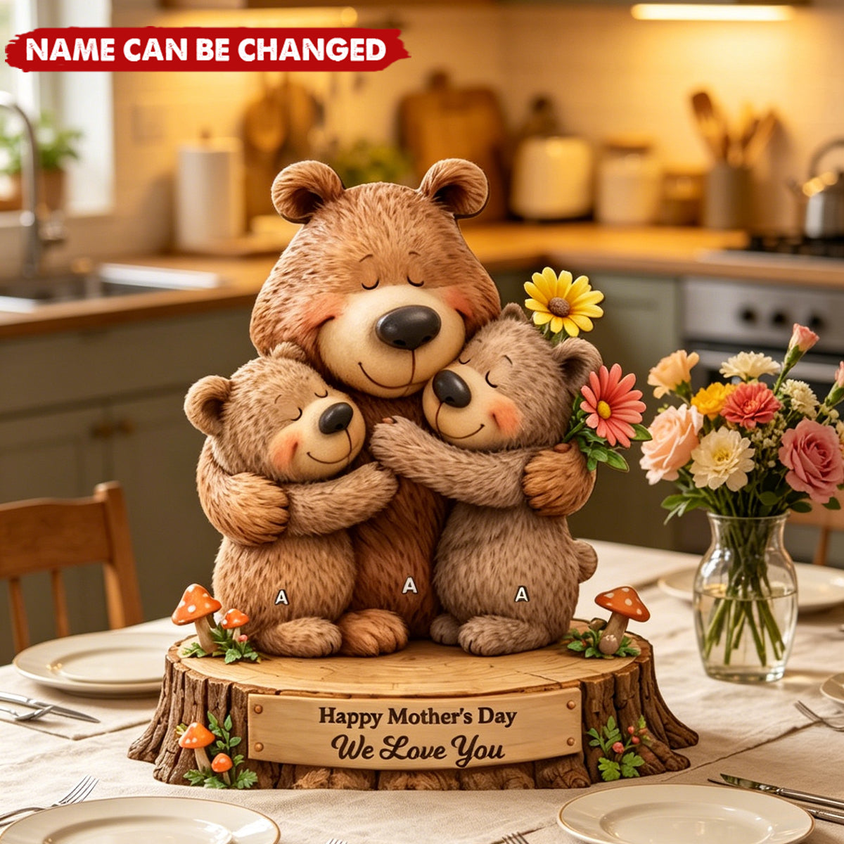 Loving Bears Mom & Kids - Personalized 2-Layered Wooden Plaque - Heartfelt Mother's Day Gift for Mom