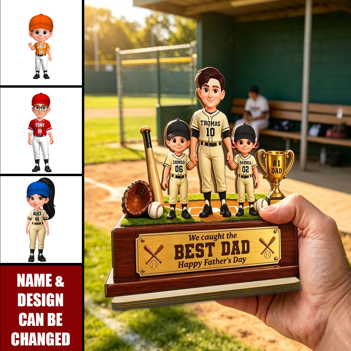 Baseball We Caught The Best Dad - Personalized 2-Layered Wooden Plaque - Father's Day Gift For Dad