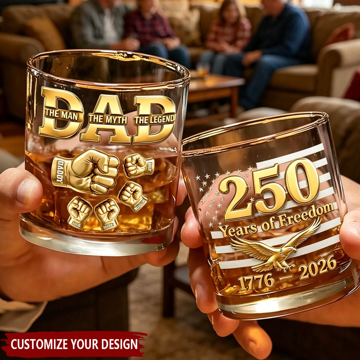 USA 250th Anniversary Daddy's Team Fist Bump - Personalized Whiskey Glass - Father's Day Gift for Dad, Husband
