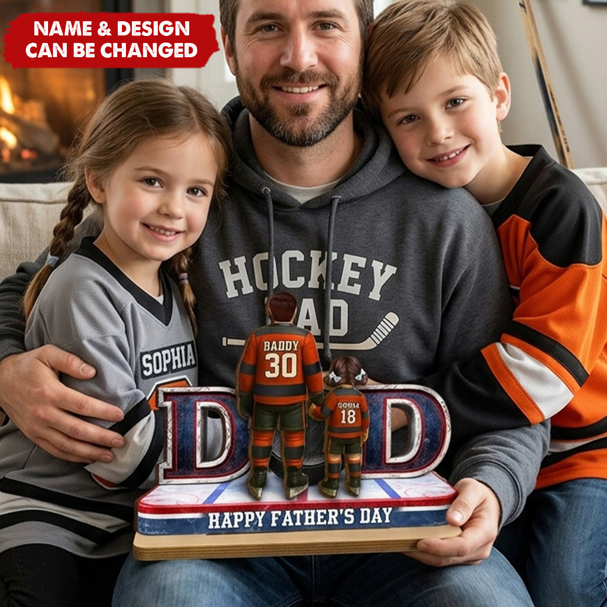 Hockey Dad And Kids Together - Personalized 2-Layered Wooden Plaque - Heartfelt Gift For Hockey Dad, Gift For Husband