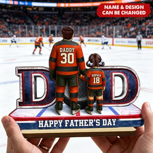 Hockey Dad And Kids Together - Personalized 2-Layered Wooden Plaque - Heartfelt Gift For Hockey Dad, Gift For Husband