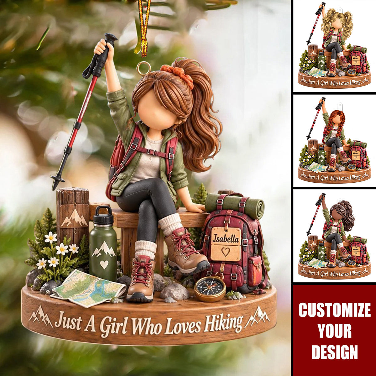 Personalized Hiking Ornament - Custom Name Hiker Girl Gift