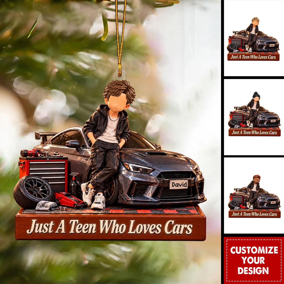 Personalized Car Lover Boy Block Ornament - Custom Teen Mechanic Gift
