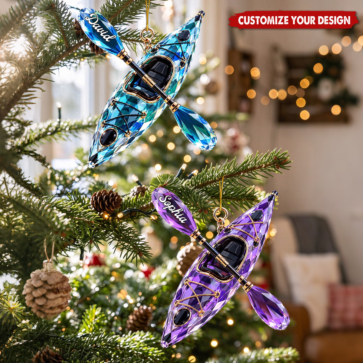 Personalized Crystal Kayak Hanging Decor - Custom Name Paddle Ornament