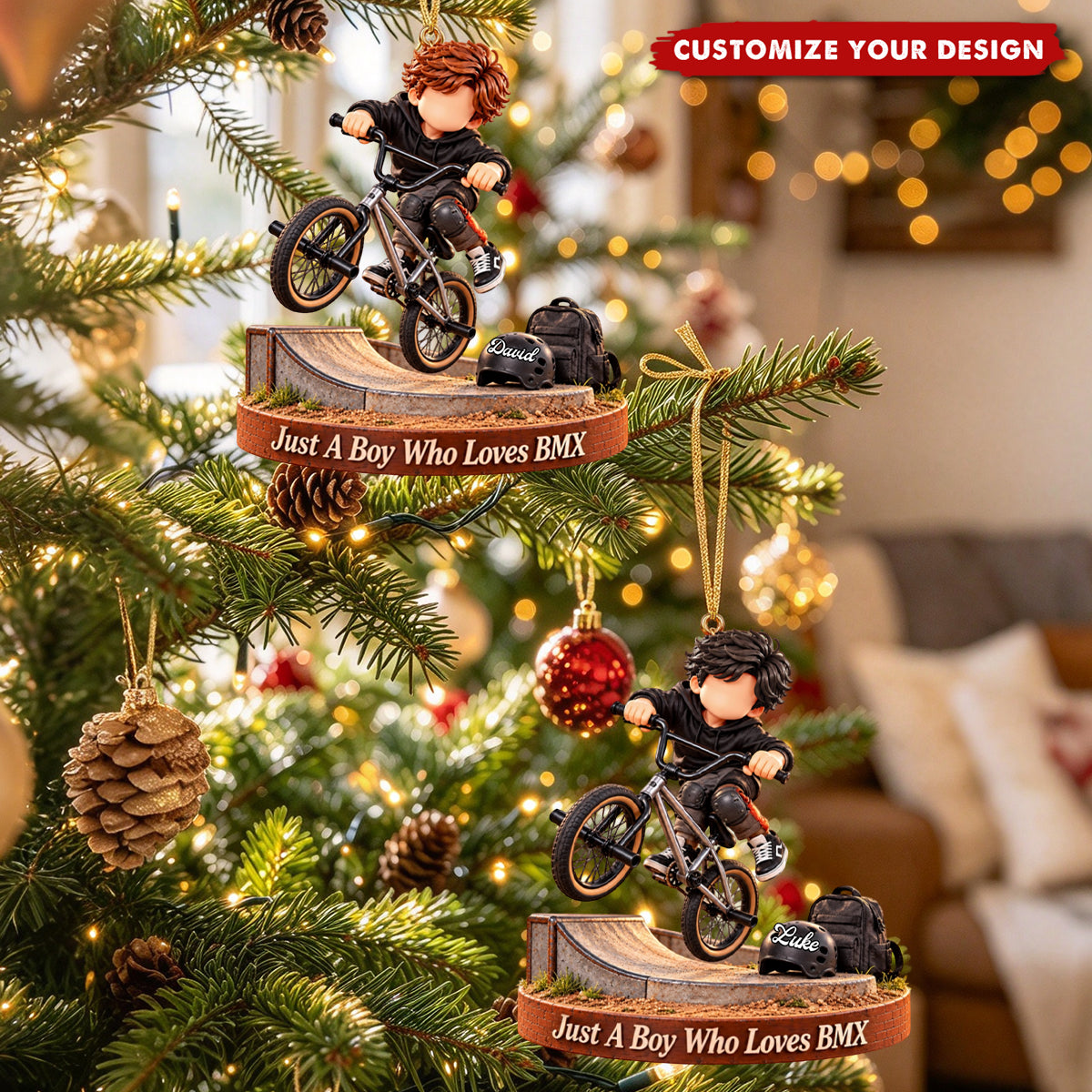Personalized BMX Rider Ornament - Custom Name Gift for Teen Boy, Bicycle Christmas Decor